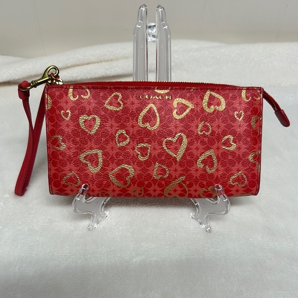 Coach Red And Gold Program Hearts Signature Clutch/ Wristlet